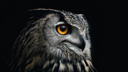 An intense and vigilant owl captured in a stunning close-up, its striking orange eye glowing amidst intricate plumage, reflecting the mysterious beauty of a nocturnal predator