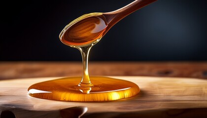 Honey Dripping From A Spoon On A Wooden Board