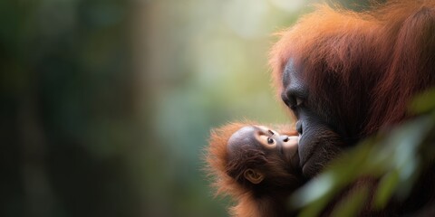 Obraz premium Mother orangutan and baby share moment in lush forest setting during daylight hours