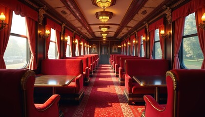 Luxurious train compartment with plush red velvet seating, ornate gold trim. Elegant interior evokes vintage travel, sophisticated journeys. Rich crimson carpets, polished wood tables add to opulent