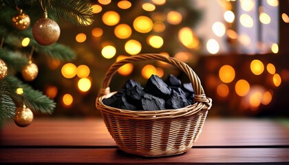 Basket Of Coal By Christmas Tree With Lights