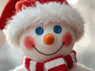 Cheerful snowman doll wearing santa hat