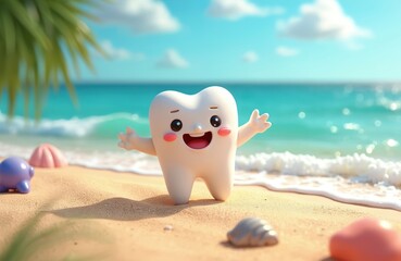 Smiling tooth character plays on sandy beach near ocean waves under sunny blue sky. Fun cartoon dental mascot enjoys summer vacation holidays, celebrates joy and good health.
