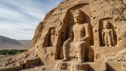 A large sandstone cliff with ancient Buddha statues carved into it in a desert landscape