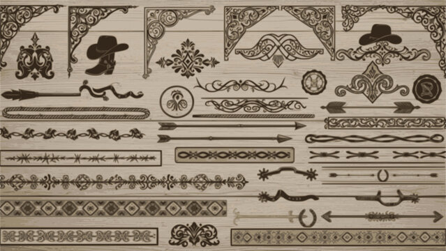 A large collection of old western design elements, embellishment, borders and divider lines.
