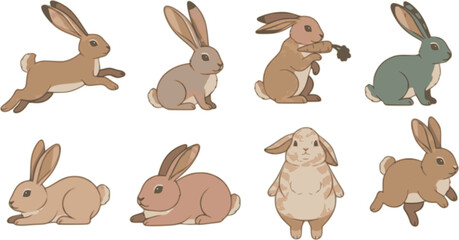 Obraz premium Vector set of cute rabbits in cartoon style. Bunny pet silhouette in different poses. Hare and rabbit colorful animals collection. 