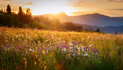 Wildflower Meadow Blooming During Golden Hour Sunset