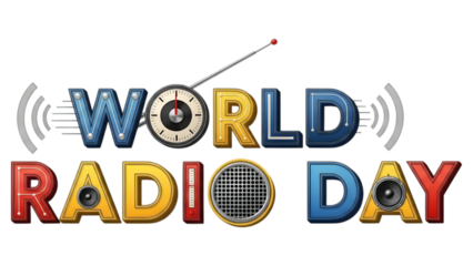 Colorful world radio day typography design with vintage elements on transparent background