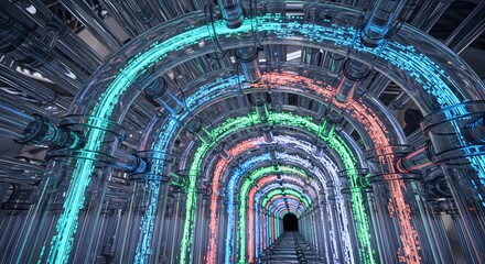 3D render of transparent glass tubes in a curved tunnel with glowing neon data streams in blue, green, and orange, representing high-speed fiber.