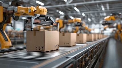 Robotic arms organizing boxes on a conveyor belt in a modern warehouse setting.