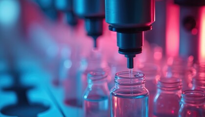 Automated lab equipment dispenses liquid into glass vials. Scientific research, drug development takes place with precision instruments in modern laboratory setting. Production line for medicine