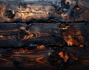 Textured Wood: Close-up of charred wood, revealing rich textures and tones. It tells a story of transformation and resilience. 