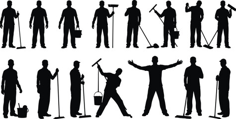 Obraz premium Cleaning worker silhouettes, janitorial poses, black vector set, mop and broom icons, sanitation tasks, maintenance clipart, silhouette pack, cleaning gear, hygiene tools, service staff