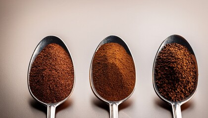 Three Types Of Coffee In Spoons In Assortment Instant Ground Grain And Grain