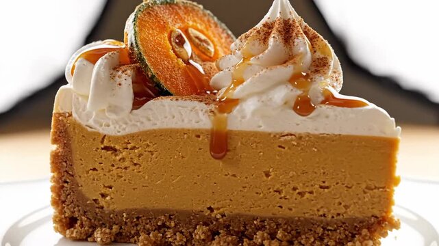 Close up of a pumpkin cheesecake slice on a white plate