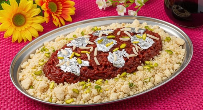 Gajar ka halwa indian carrot dessert garnished with nuts and silver