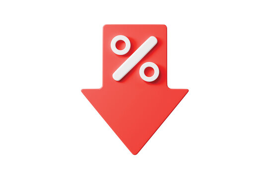 3d percentage down arrow icon. rate decrease concept. minimal cartoon interest loan deflation for banking app ui. isolated on white transparent background. 3d render.