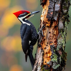 Pileated woodpecker clinging to decaying tree, red crest prominent, amid blurry autumn foliage