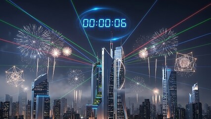 A futuristic cityscape is illuminated by vibrant fireworks and laser beams with a digital clock showing a countdown