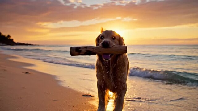 Golden retriever dog joyfully carries a wooden stick on a sandy beach at sunset, with a serene ocean backdrop