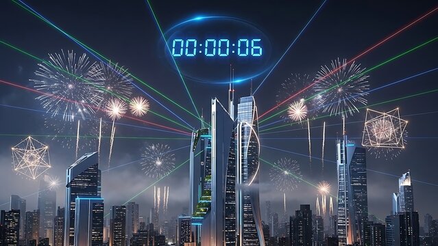 A futuristic cityscape is illuminated by vibrant fireworks and laser beams with a digital clock showing a countdown - Powered by Adobe