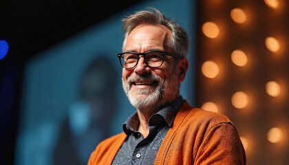 Smiling man with glasses speaks on conference stage. Energetic presenter shares ideas with audience. Man in orange cardigan engages listeners with confident speech. Dynamic business discussion.