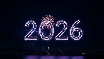 A vibrant display of illuminated numbers 2026 shines brightly against a night sky filled with fireworks