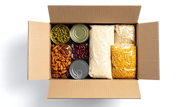 Overhead view of a cardboard box filled with an assortment of non-perishable food items on a white background