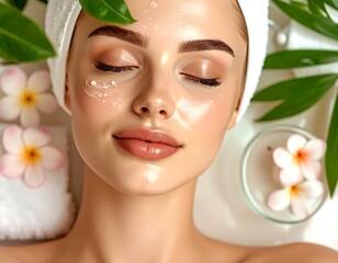 Peaceful face, eyes closed, with facial cream, tropical leaves, and white plumeria flowers on a white backdrop