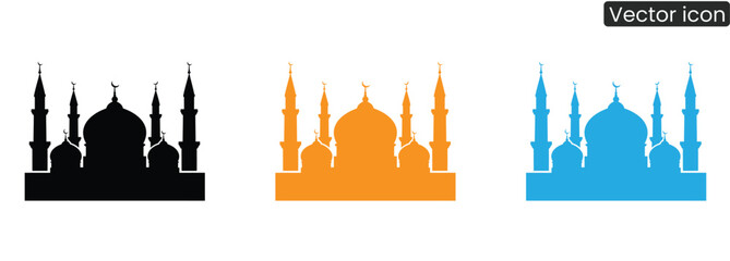 Versatile mosque silhouettes in black, orange, and blue for various design needs