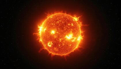 Burning sun shines bright in dark space. Star erupts with plasma flares. Orange and yellow light radiates from solar surface. Celestial body glows intensely, stars twinkle in background.