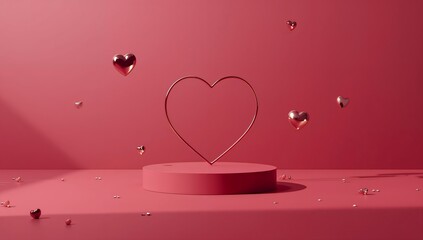 Pink hearts floating around a wire heart on a pedestal