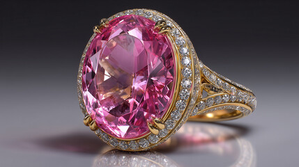 Close up of a large oval pink gemstone ring with diamond accents set in gold on a reflective surface