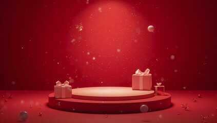Red Gift Boxes on Pedestal with Sparkling Background