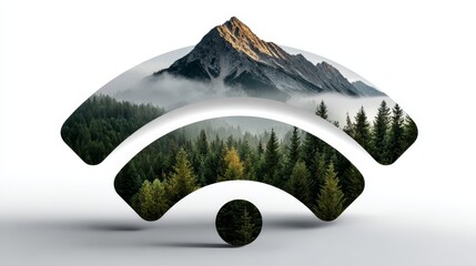 Wi-Fi symbol creatively designed with a scenic landscape of mountains and forests, showcasing the connection between technology and nature in a modern visual representation
