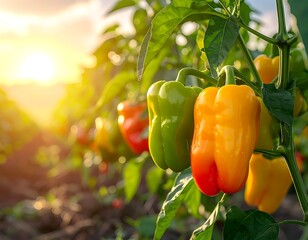 Peppers, red, green, yellow, grow on the vine under a sunny summer sky in a garden patch with green leaves