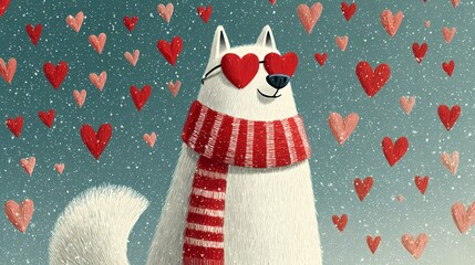 Charming white dog in romantic winter scene, Valentine Playful dog adorned with scarf beside heart design postcard