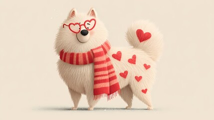 Charming white dog in romantic winter scene, Valentine Playful dog adorned with scarf beside heart design postcard