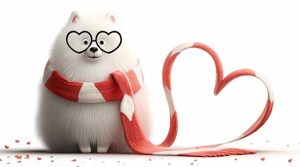 Charming white dog in romantic winter scene, Valentine Playful dog adorned with scarf beside heart design postcard