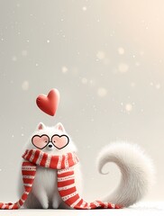 Charming white dog in romantic winter scene, Valentine Playful dog adorned with scarf beside heart design postcard