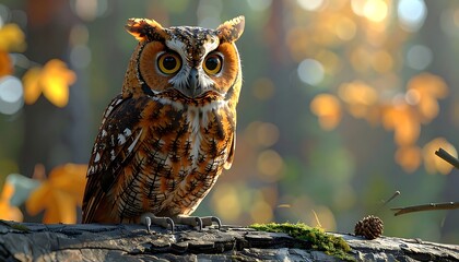 Perched owl stares intently. Autumn leaves bokeh in the background. Close-up, detailed, bright, clear, and natural-looking