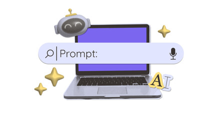 Trendy Halftone Collage with Artificial intelligence and digital searching isolated concept. Laptop with search bar,prompt. AI powered search engine. Generate content. Mixed media vintage vector art.