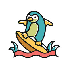 Cool Penguin Riding a Surfboard Vector, Surfing Penguin Mascot Vector, Funny Cartoon Penguin on Surfboard