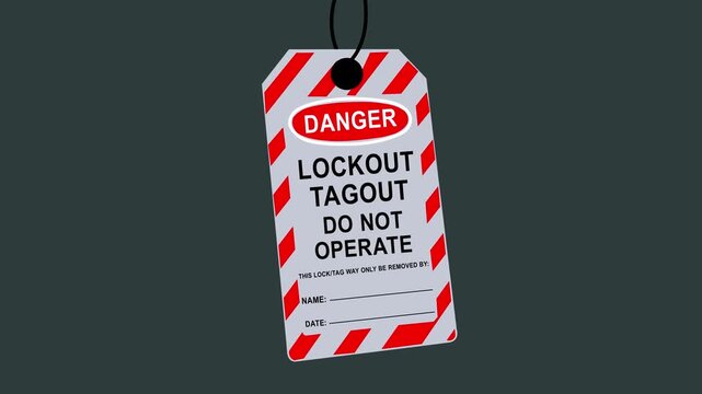 Lockout tagout safety sign hangs on industrial machinery belts to prevent operation and ensure worker protection in hazardous environments 4k video...