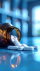 Pills spilling from a brown glass bottle onto a blue surface, with a blurred background