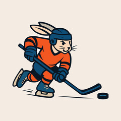 Rabbit Ice Hockey Mascot Vector, Cute Cartoon Rabbit Playing Hockey Vector, Winter Sports Bunny Illustration with Stick and Puck for Kids 