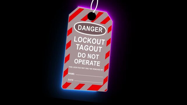 Lockout tagout safety sign hangs on industrial machinery belts to prevent operation and ensure worker protection in hazardous environments 4k video...