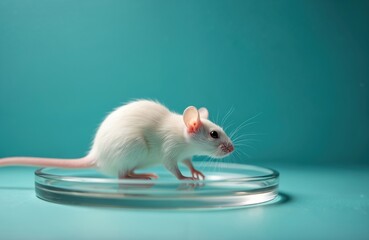 White laboratory mouse sits on petri dish, close up of its delicate fur and whiskers. Small rodent in clean environment, teal background. Animal research, science, health study context.