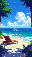 Peaceful pixel art of a beach scene, showcasing turquoise waters, a sandy beach, and lush green trees framing