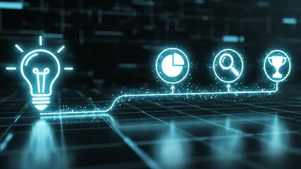 Neon light bulb idea innovation pipeline leading to analytics magnifier chart trophy achievement glowing icon connected by sparkling path to circular pie chart dark grid futuristic concept of idea to - Powered by Adobe